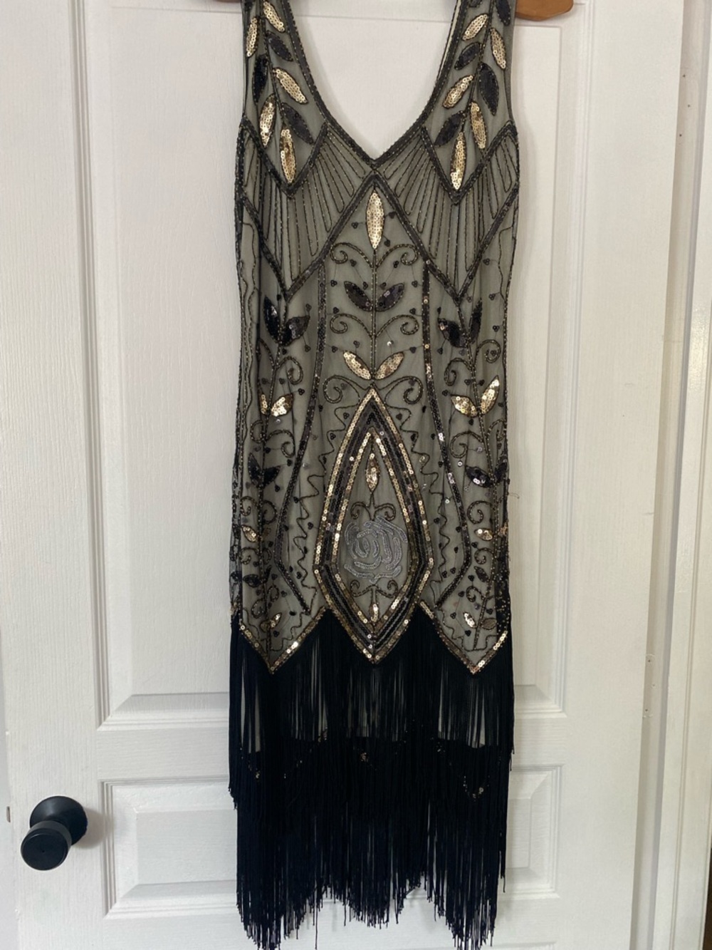 Black Beaded Fringe V-Neck Mini Dress with Gold Accents